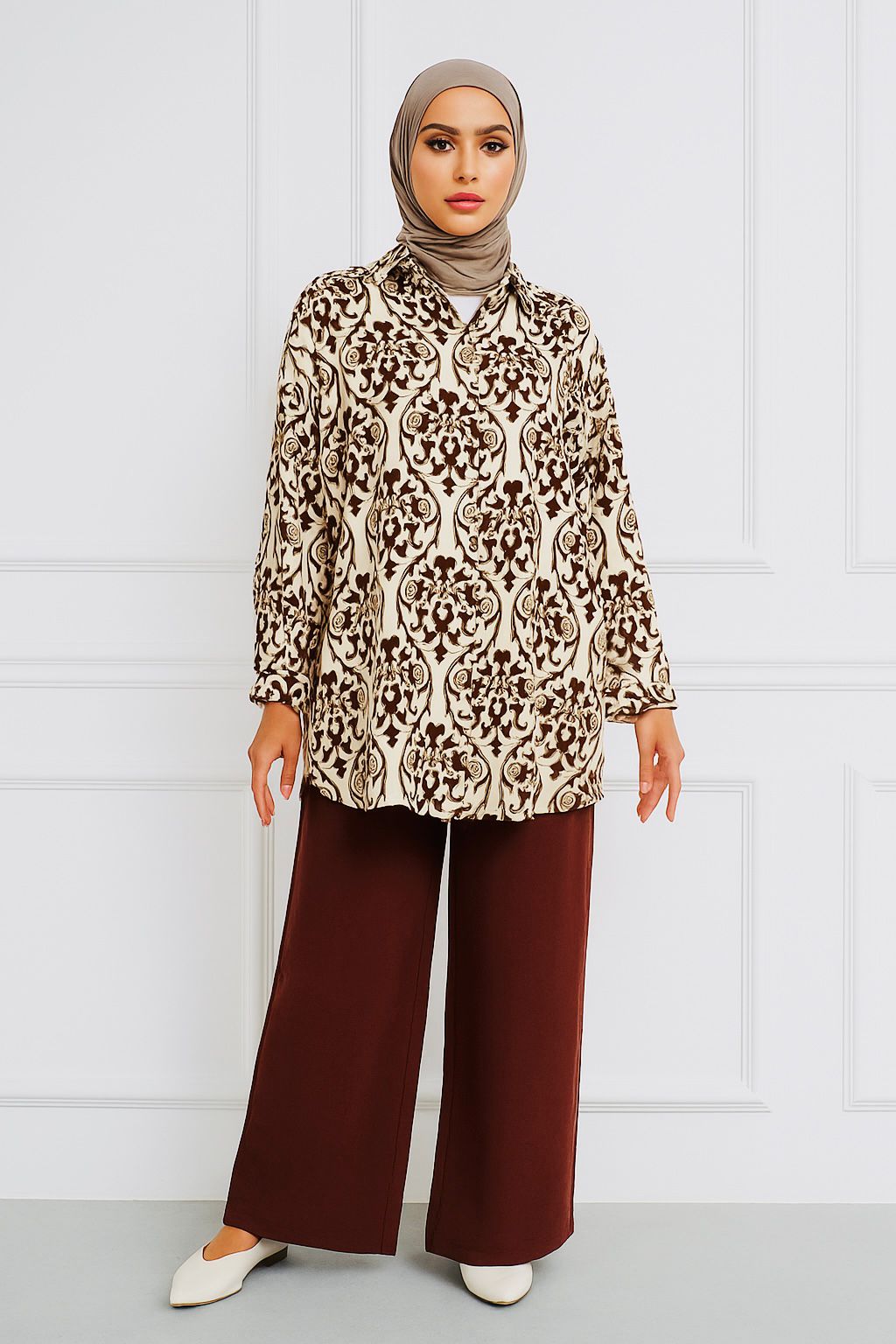 Printed Long Shirt & Wide-Leg Pants Set